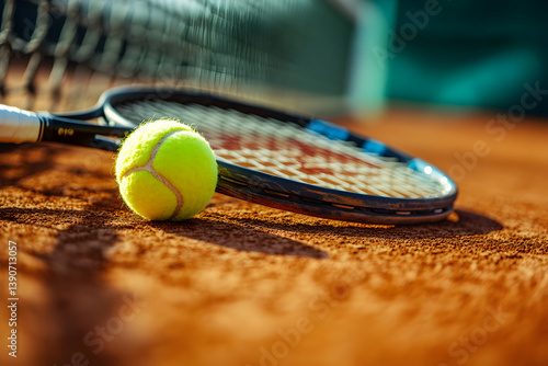 A close-up of a tennis racket resting on a clay court with a bright yellow tennis ball beside it, and the net slightly out of focus in the background