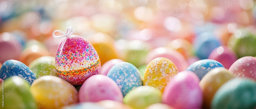 Colorful Easter eggs rest on soft surface outdoors