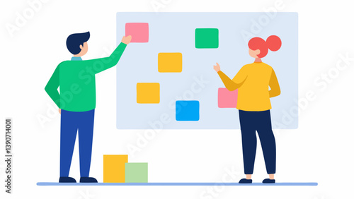 Collaboration Plan A whiteboard filled with colorful postit notes illustrating a brainstorming session with one person pointing at the ideas while another takes notes.