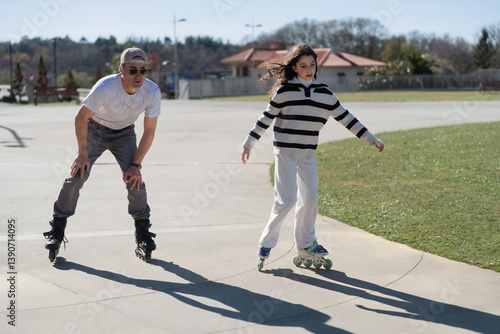 Father teaching daughter roller skating in park on sunny day