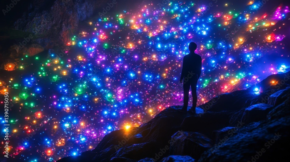 A man standing on a hill surrounded by colorful lights