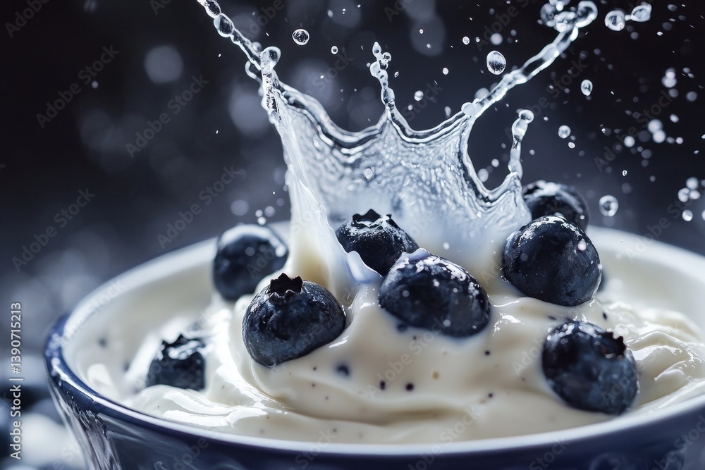 blueberries fall into yogurt, splashing it