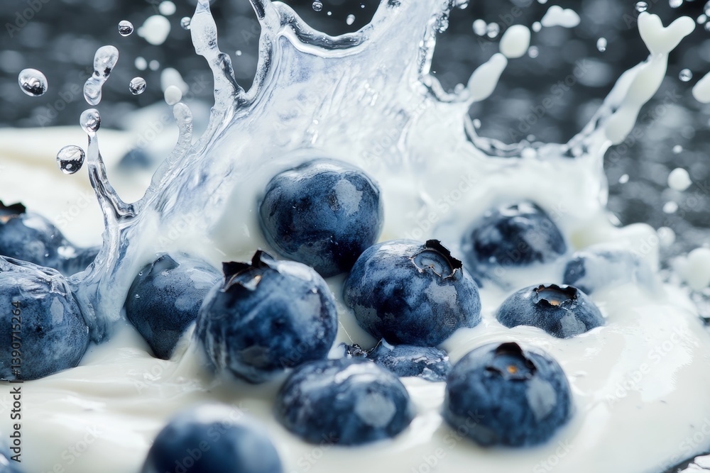 blueberries fall into yogurt, splashing it