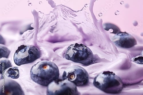 Obraz na płótnie blueberries fall into yogurt, splashing it w salonie