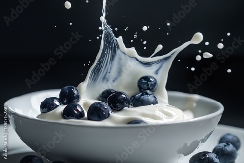 Obraz na płótnie blueberries fall into yogurt, splashing it w salonie