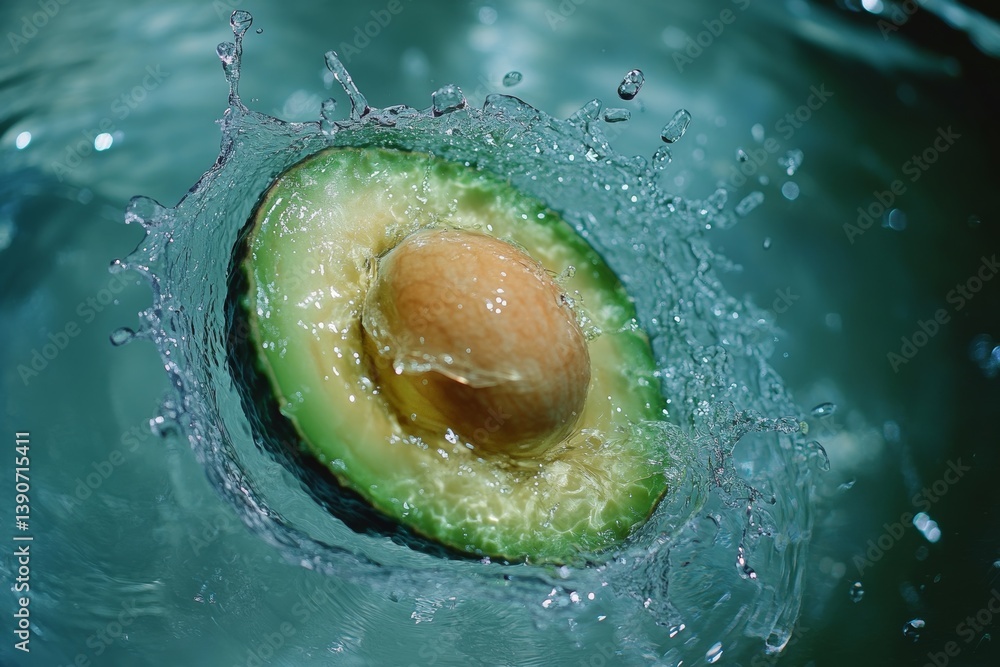 Cut piece of avocado fall into the water, causing a splash of water