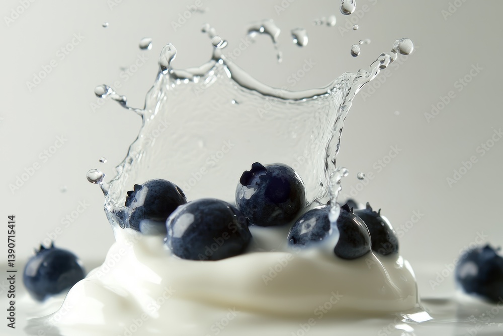 blueberries fall into yogurt, splashing it
