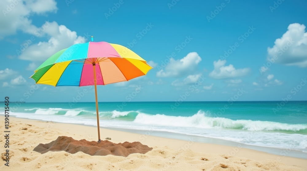 A vibrant rainbow umbrella standing in the sand by the ocean on a bright sunny beach day, evoking a carefree and relaxing mood. A vibrant rainbow umbrella standing in the sand by the ocean on a bright sunny beach day, evoking a carefree and relaxing mood.