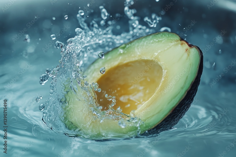 Cut piece of avocado fall into the water, causing a splash of water