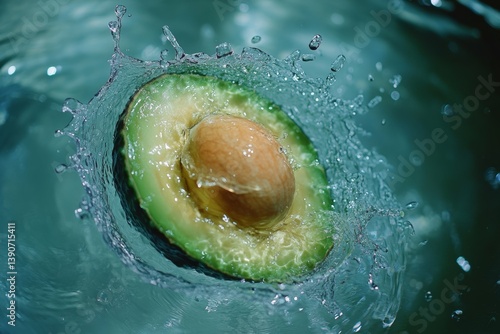Obraz na płótnie Cut piece of avocado fall into the water, causing a splash of water w salonie