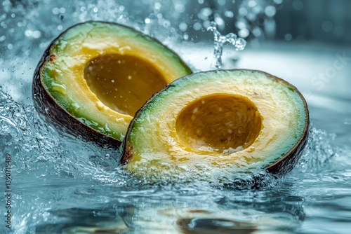 Obraz na płótnie Cut pieces of avocado fall into the water, causing a splash of water w salonie