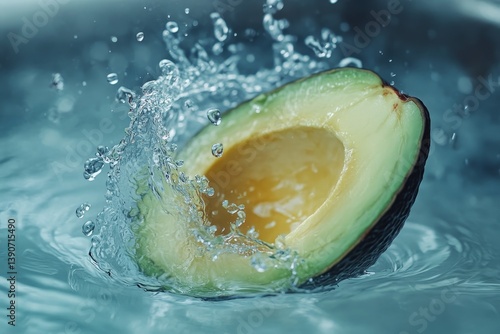 Obraz na płótnie Cut piece of avocado fall into the water, causing a splash of water w salonie