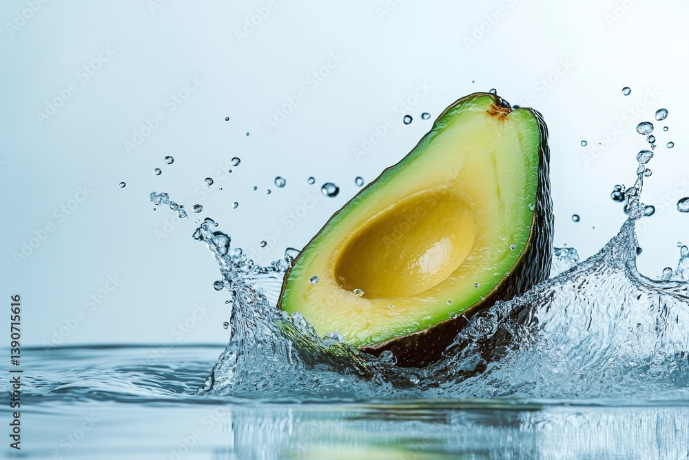 Cut piece of avocado fall into the water, causing a splash of water