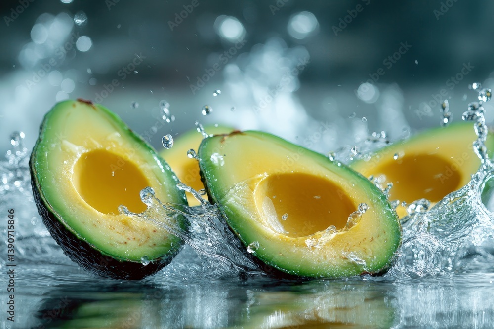 Cut pieces of avocado fall into the water, causing a splash of water