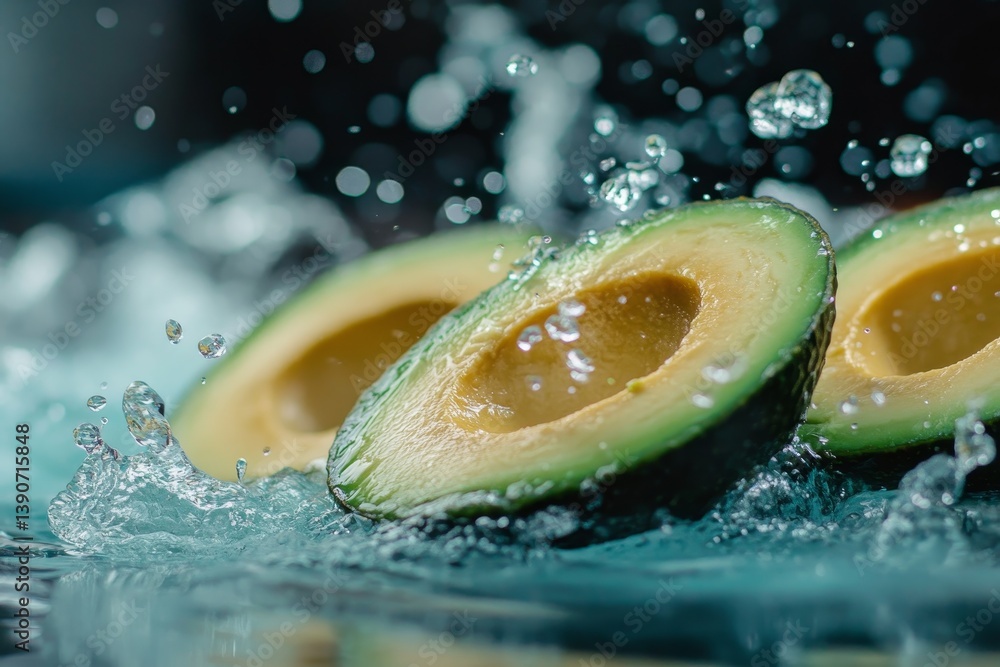 Cut pieces of avocado fall into the water, causing a splash of water