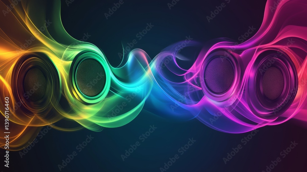 Abstract colorful sound waves spread out from speakers, visualizing music