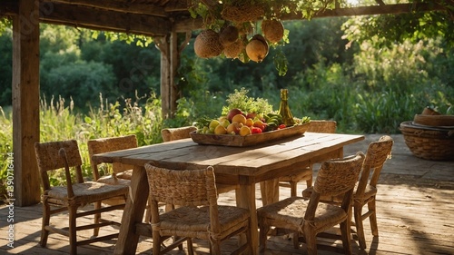 Sunlit rustic dining area features wooden table adorned with fresh fruits, surrounded by wicker chairs. Setting exudes countryside charm, with dried herbs, gourds hanging from sheltered space.
