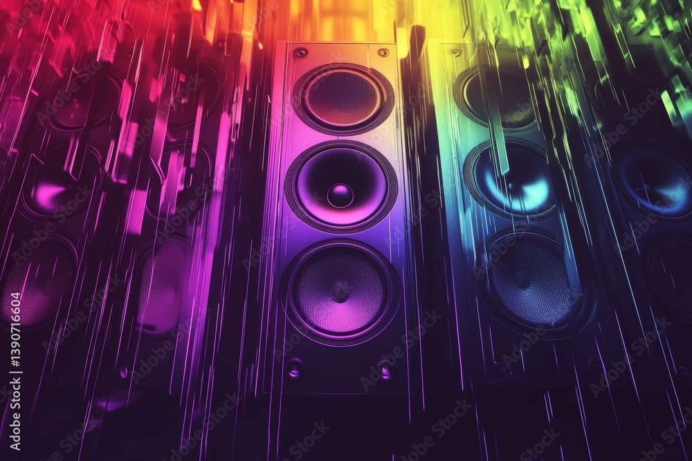 Abstract colorful sound waves spread out from speakers, visualizing music