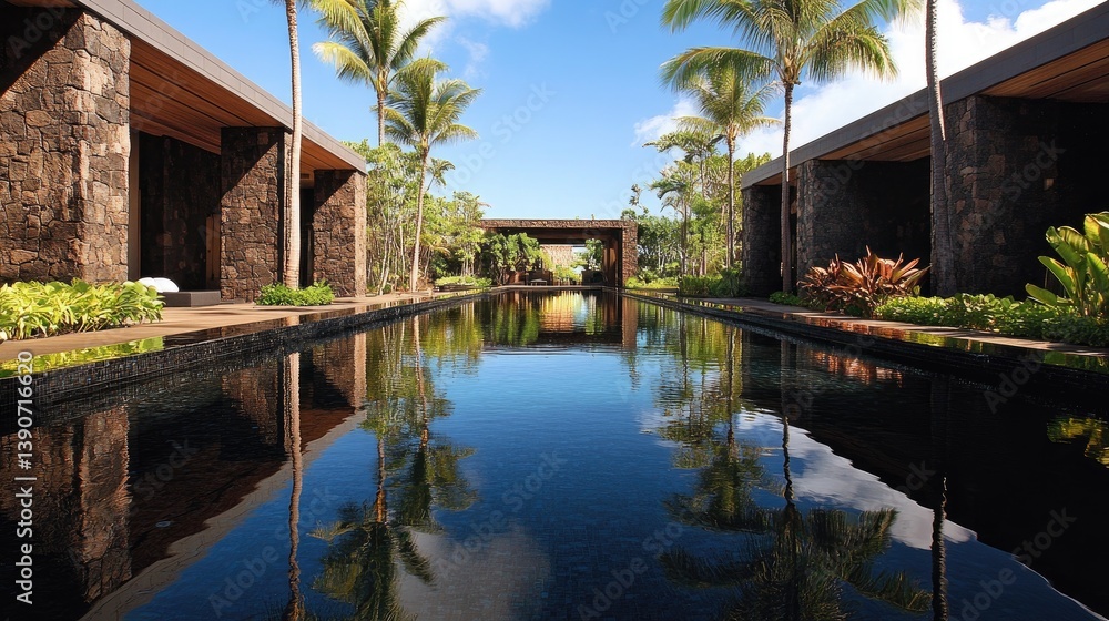 Obraz premium Luxurious Tropical Resort with Serene Reflection Pool Surrounded by Lush Greenery and Palm Trees Under Clear Blue Sky