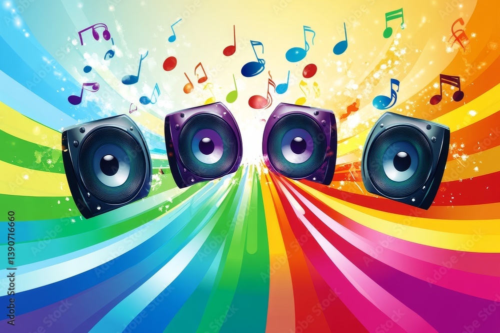 Abstract colorful sound waves spread out from speakers, visualizing music