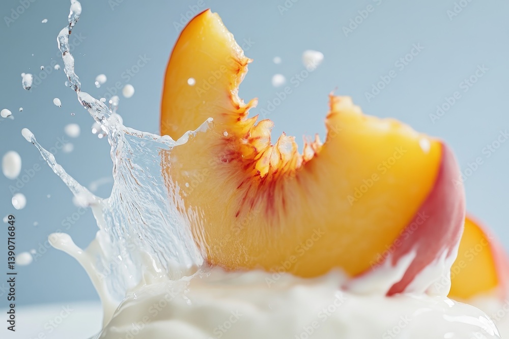 Sliced peach piece fall into vanilla yogurt, splashing it