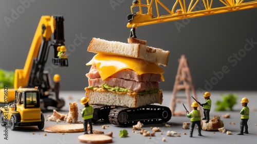 Miniature workers building a tuna sandwich with tiny cranes and forklifts Generative AI