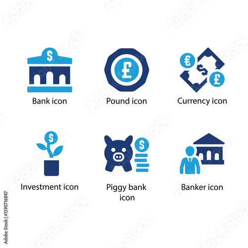 Bank, Pound, Currency, Investment, Piggy bank, Banker, Blue Icon Set