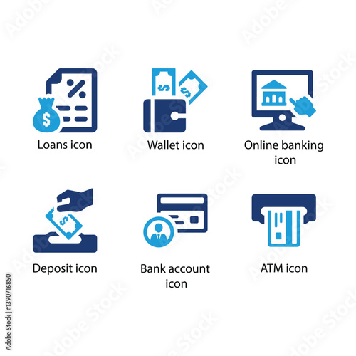 Loans, Wallet, Online banking, Deposit, Bank account, ATM, Blue Icon Set