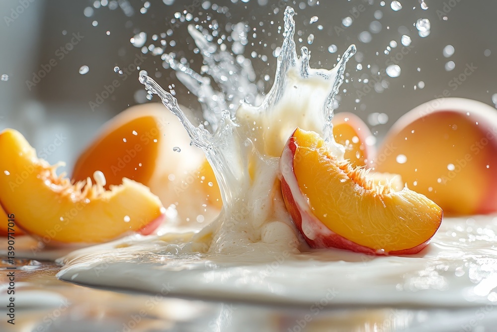 Sliced peach pieces fall into vanilla yogurt, splashing it