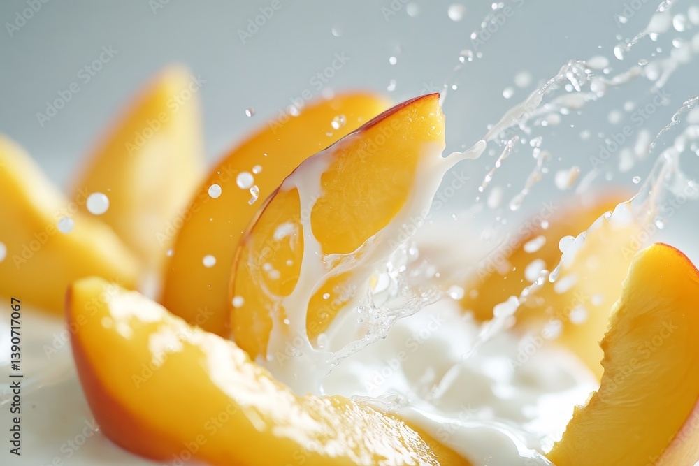Sliced peach pieces fall into vanilla yogurt, splashing it