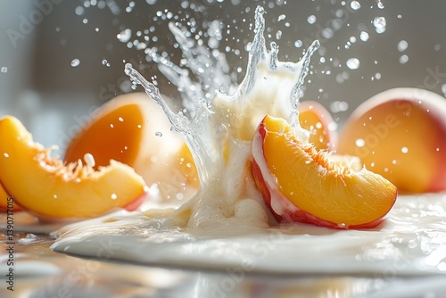 Obraz na płótnie Sliced peach pieces fall into vanilla yogurt, splashing it w salonie