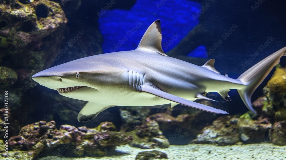 Obraz premium Aquarium shark in coral reef exhibit