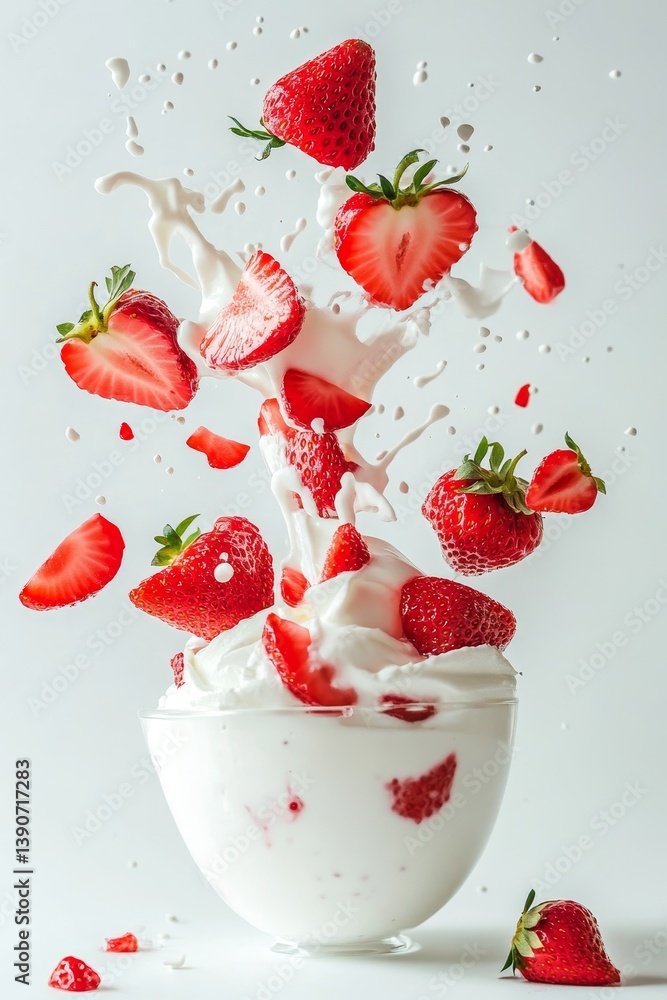 Sliced strawberry pieces fall into vanilla yogurt, creating a splash