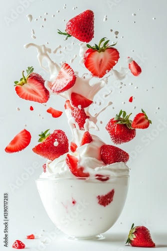 Obraz na płótnie Sliced strawberry pieces fall into vanilla yogurt, creating a splash w salonie