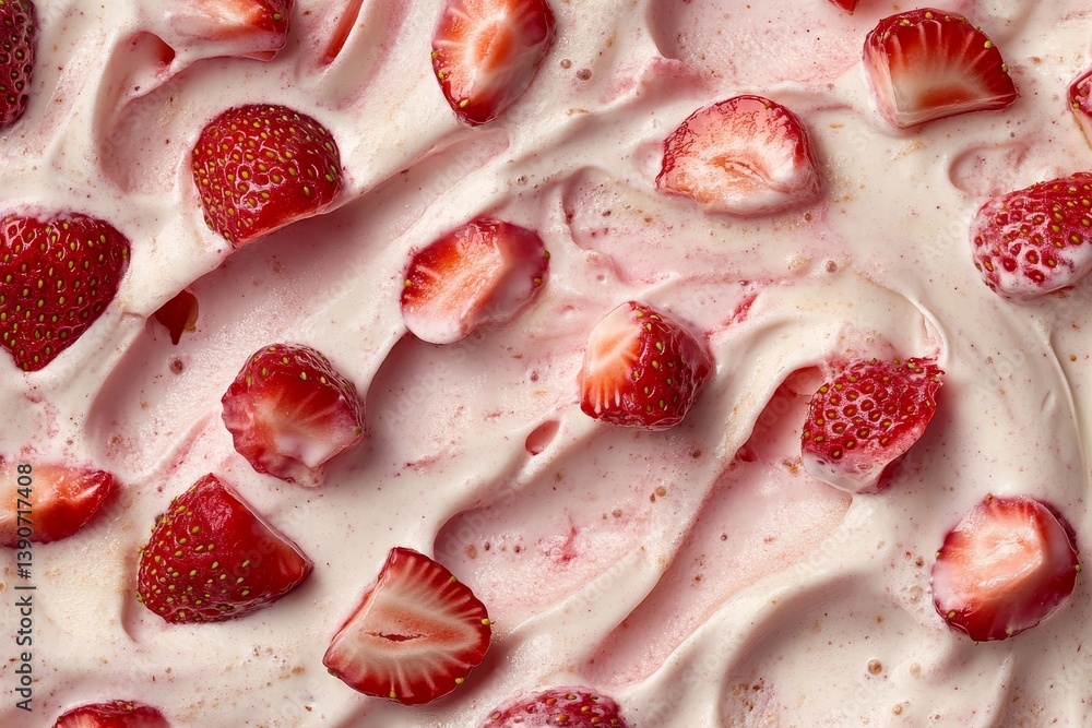 Sliced strawberry pieces fall into vanilla yogurt, creating a splash