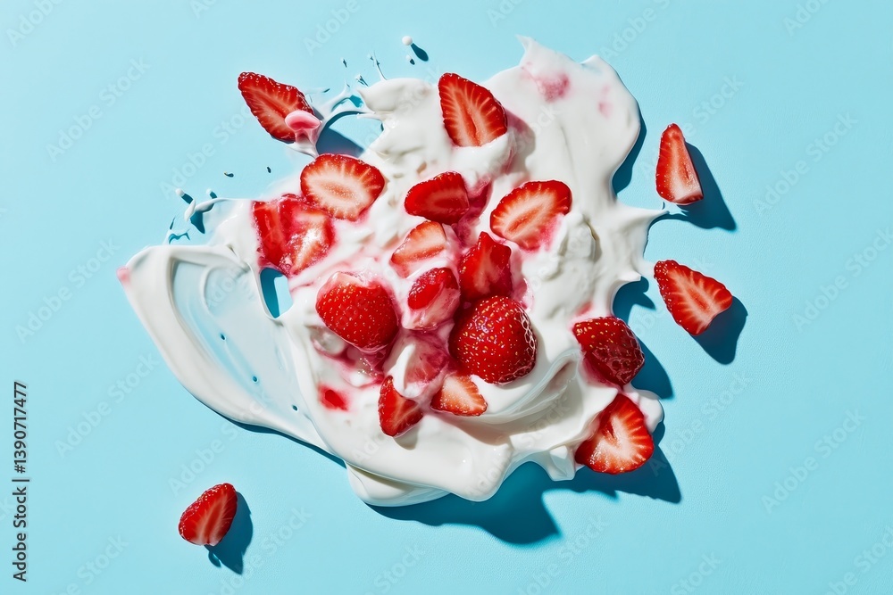 Sliced strawberry pieces fall into vanilla yogurt, creating a splash