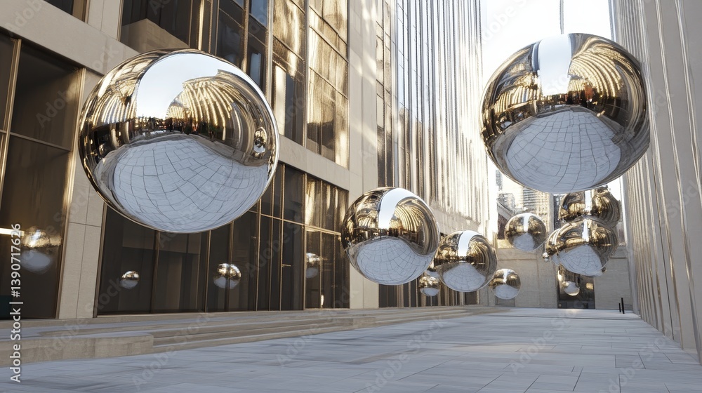 Drops of liquid metal float in the air, reflecting the surrounding world with a futuristic shine