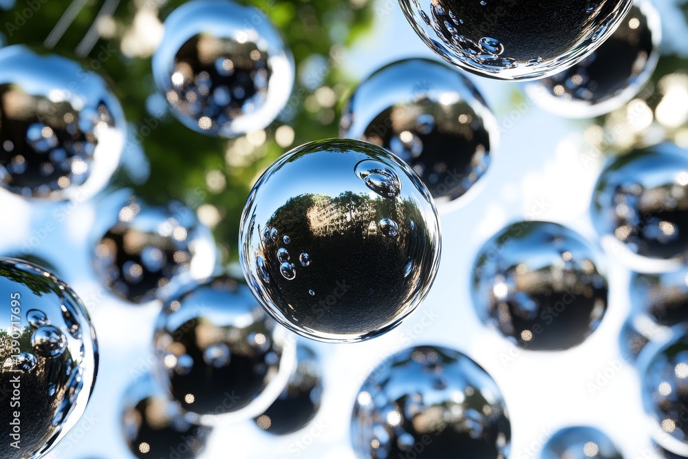 Drops of liquid metal float in the air, reflecting the surrounding world with a futuristic shine