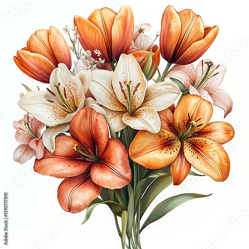 Coral white lilies with tulips mix high resolution photo