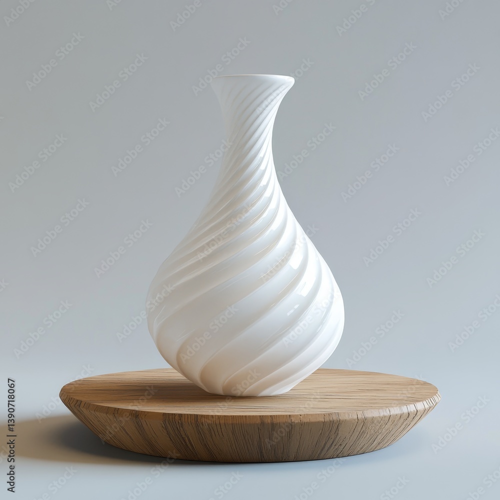 spiral white vase stands on round wooden surface