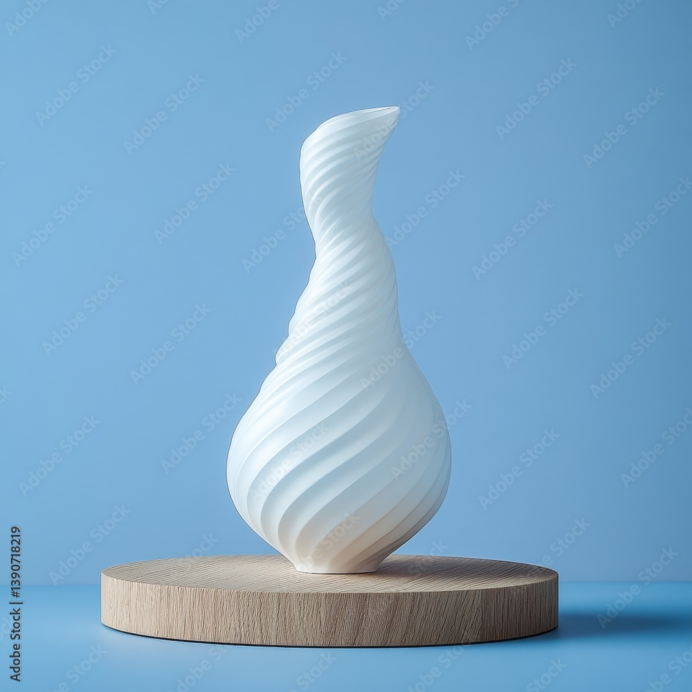 spiral white vase stands on round wooden surface on blue background