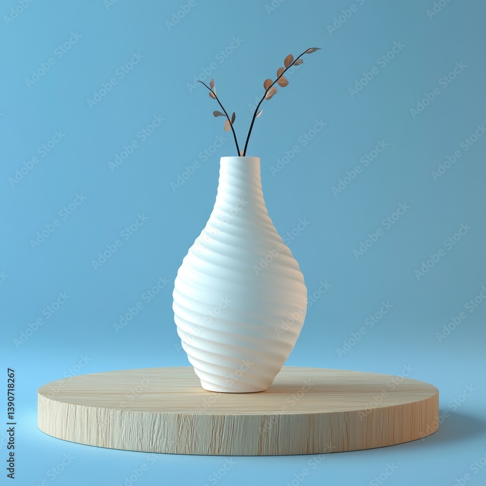 spiral white vase stands on round wooden surface on blue background