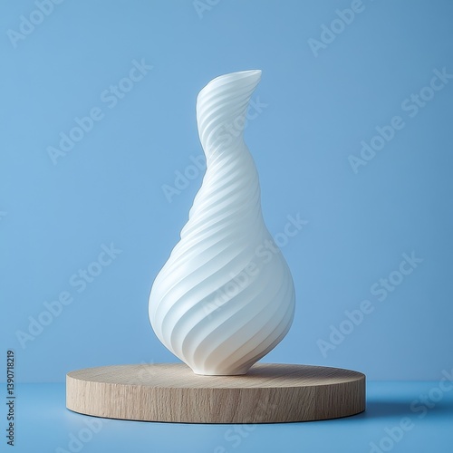 Obraz na płótnie spiral white vase stands on round wooden surface on blue background w salonie