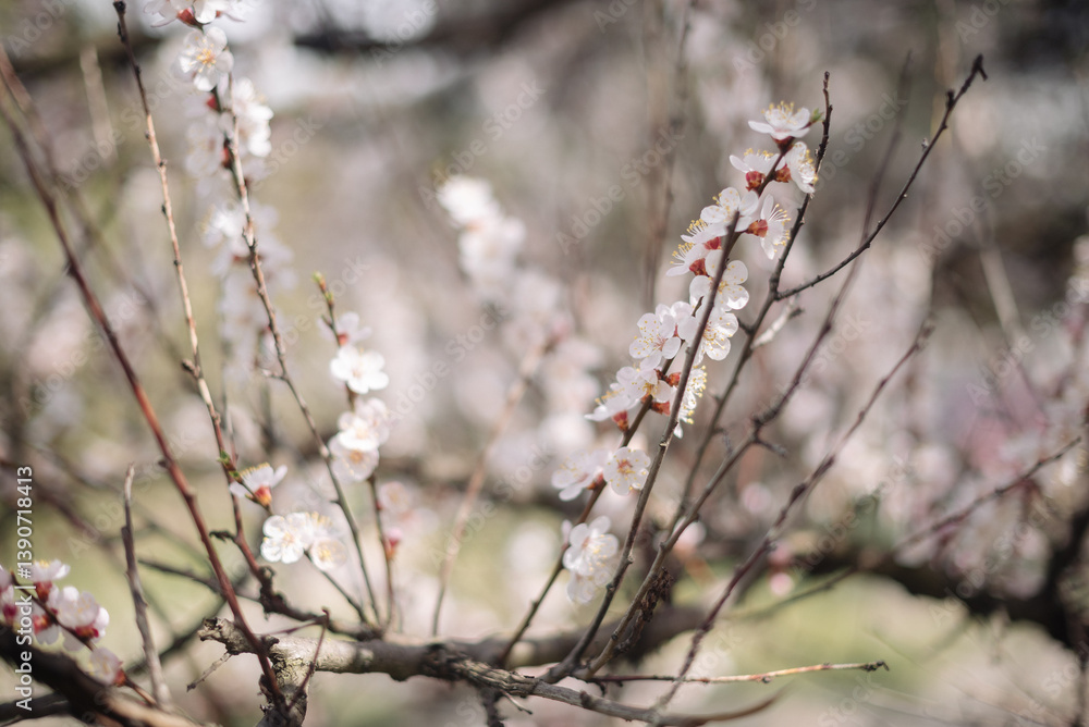 Branches of a blooming apricot in spring in the garden