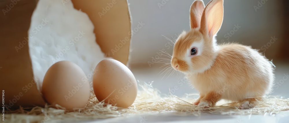 Cute rabbit near eggs in a cozy setting