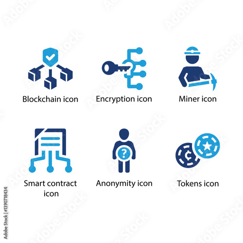 Blockchain, Encryption, Miner, Smart contract, Anonymity, Tokens, Blue Icon Set