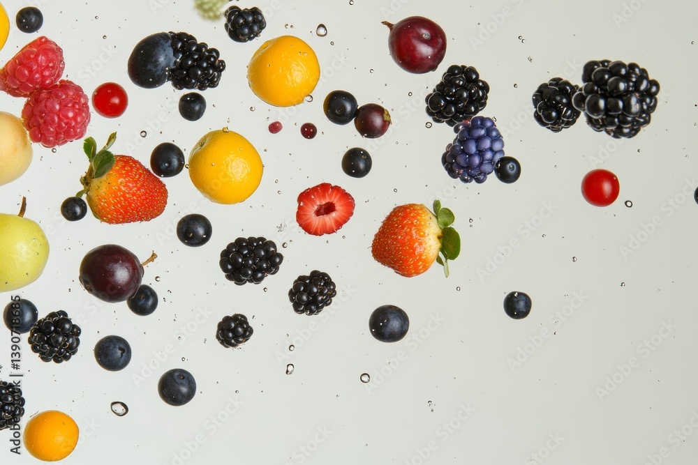 Various fruits and berries falling into water on a light background
