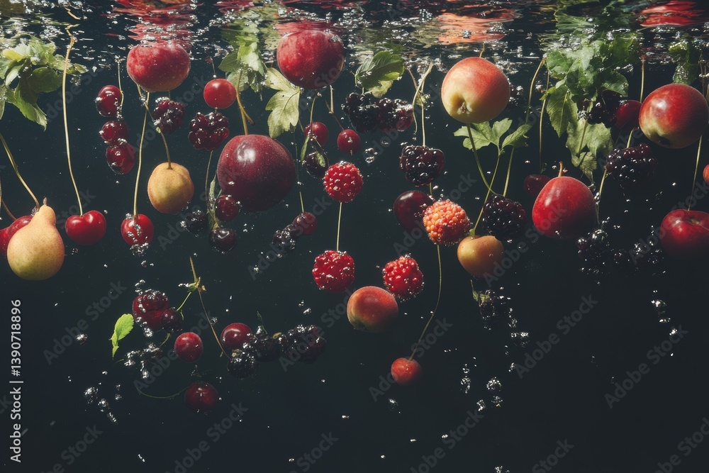 Various fruits and berries falling into water on a dark background