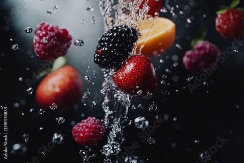 Various fruits and berries falling into water on a dark background