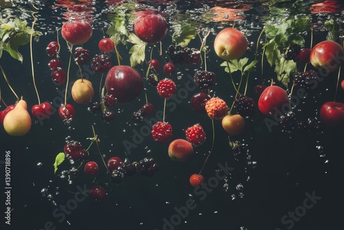Obraz na płótnie Various fruits and berries falling into water on a dark background w salonie